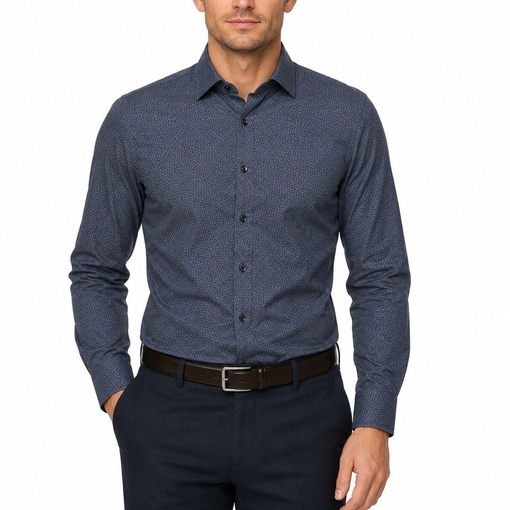 Charles Tyrwhitt Shirt Mens L Weekend Slim Fit Navy Blue Geometric Print Cotton